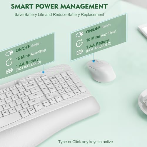 Wireless Keyboard and Mouse Combo, Full-Sized Ergonomic Wave Keys Keyboard with Memory Foam Wrist Rest & Phone Holder, 2.4G Quiet Keyboard Mouse Work Setup for PC Laptop, Office or Home (White)