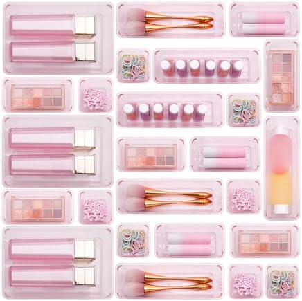 Kitchen Desk Drawer Organizers Storage for Office, Small Acrylic Vanity Trays Makeup Organizer for Drawer Bathroom Plastic Make up Organizers 25 Pcs Pink