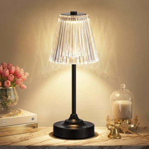 Black Cordless Rechargeable Table Lamp, Touch Battery Powered Lamp, 3 Color Modes, Crystal Acrylic Lampshade, Portable Ambient Night Light for Desk, Bedroom, Living Room, Dining Room, Kitchen, Bar