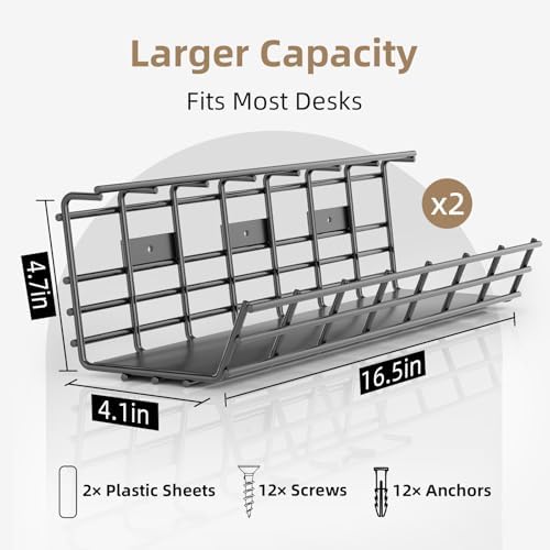 2 Pack DELAMU Under Desk Cable Management Tray, Large Metal Cord Organizer, Office & Home Cord Wire Management Under Desk Shelf, Easy Install Pre-drilled Cable Organizer, Black