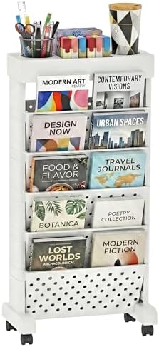 6-Tier Rolling Bookshelf Magazine Rack with Wheels White