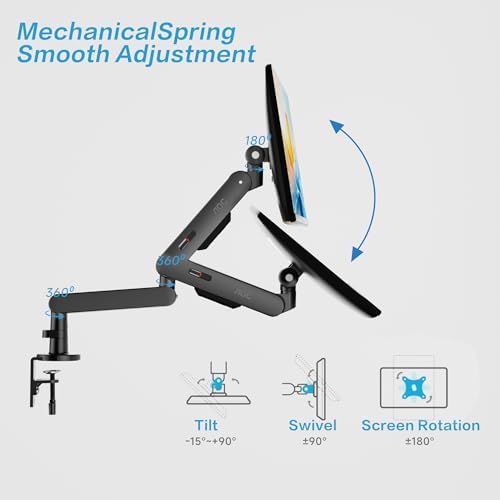 AOC 406PLUS Premium Aluminum Single Monitor Arm, Fits 13–34 Inch and 19.84 lbs, Mechanical Spring Desk Mount,C-Clamp,Low-Profile Gaming Bracket Enables Screen to Sit Close to Desktop(Gray)