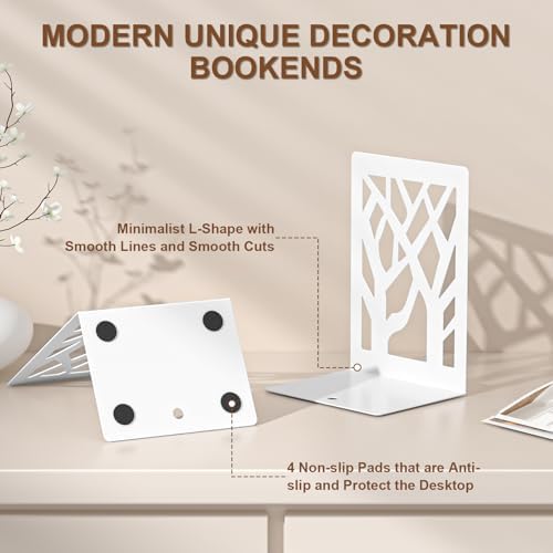 VFINE Withe Bookend 6-Piece, Tree Design Bookends for Shelves, Metal Book Ends for Desk, Decoration Stylish Bookshelf Bookends for Home Office School Supplies