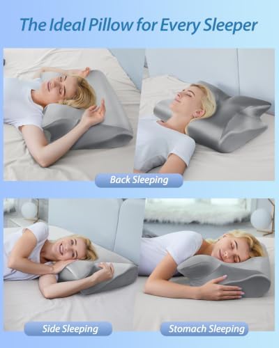 HOMCA Memory Foam Cervical Pillow, 2 in 1 Ergonomic Contour Orthopedic Pillow for Neck Pain, Contoured Support Pillows for Side Back Stomach Sleepers with Satin Pillowcase (Satin Gray)