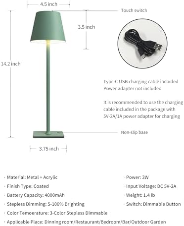 KDG 2 Pack Cordless Green Table Lamps, Rechargeable Portable LED Desk Lamps