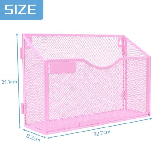 1 Pocket Mesh Wall File Holder Organizer Office Hanging File Folder Magazine Rack, Nametag Label Hooks Set Included (Pink)