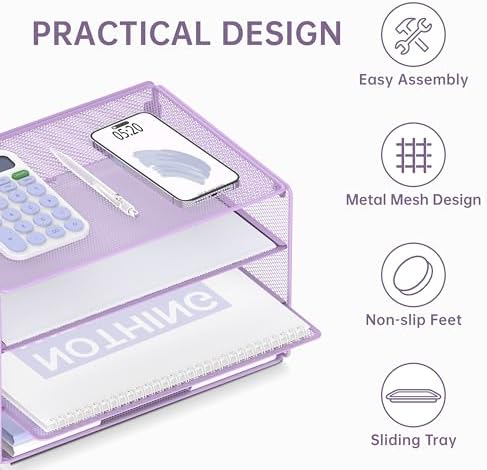 DALTACK 3 Tier Letter Tray Paper Organizer with Sliding Mesh Trays Purple