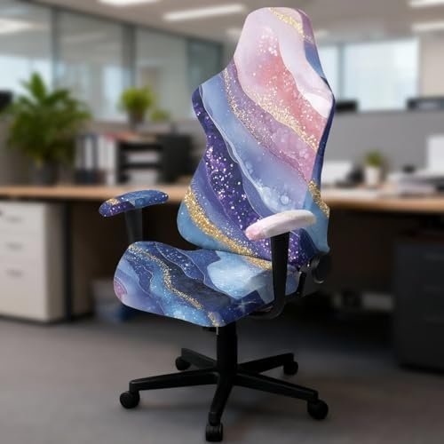Gradient Marble Pattern Gaming Chair Cover with Armrest Cover Easy to Install Zipper Design Slipcover Scratch Proof Non-Fading Universal Rotating Desk Chair Protector