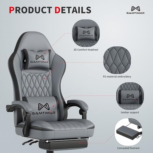 Gamtimer Gaming Chair with Footrest, Ergonomic Computer Chair, PU Breathable Material with Headrest and Lumbar Support, Suitable for Silla Gamer and Adults（Grey）