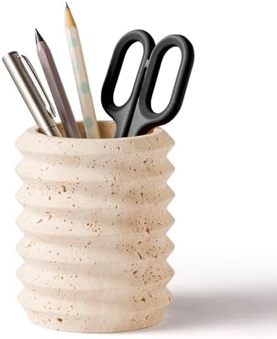 Pen Holder Stand for Desk, Natural Travertine Stone Makeup Brush Holders, Modern and Functional Pencil Cup for Office Supplies Tableware Organizer for Home Decor School Beige (PH90110)