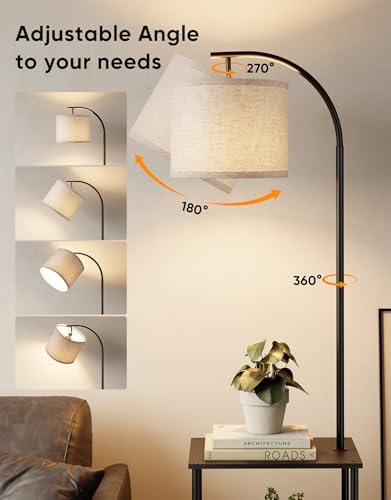 PARTPHONER Floor Lamp with Table, Night Stand with Lamp, Narrow Side Table with 3CCT LED Bulb, Small Coffee Table, Modern End Table with Storage Shelves for Living Room Bedroom Home Décor, Black
