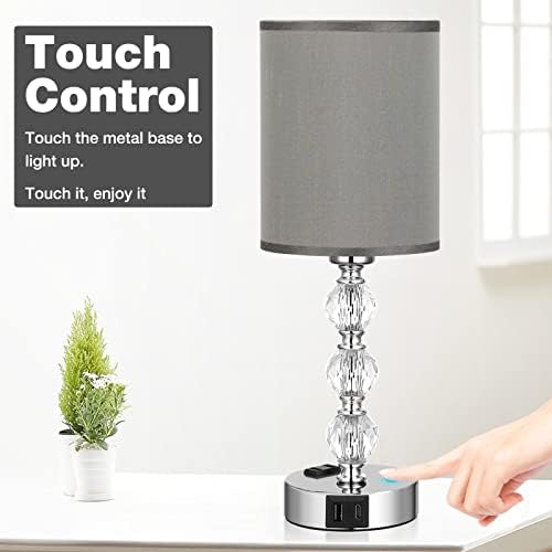 Grey Touch Bedside Lamps for Bedrooms - Crystal Table Lamp with USB C+A Charging Port and AC Outlet Nightstand, 3 Way Dimmable Silver Small End Side Table Lamp for Living/Guest/Dinning Room/Kitchen