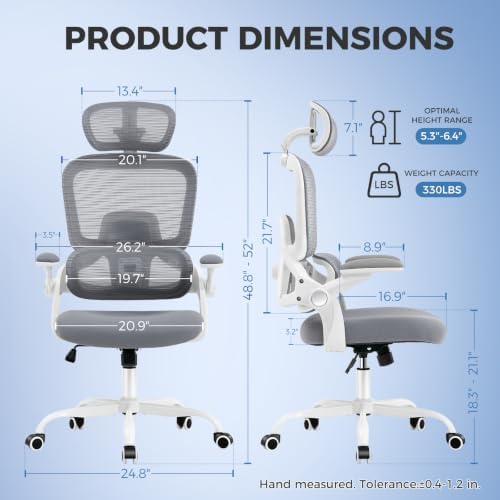 Office Chair with Adjustable Lumbar Support, Ergonomic Desk Chairs, Grey
