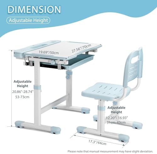 Rengue Kids Desk and Chair Set, Height Adjustable Children School Functional Study Desk with 55° Tiltable Desktop, 3 Modes & Brightness LED Light, Storage Drawer & Metal Hook for Boys Girls (Blue)