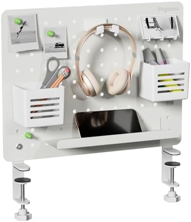 PEGZONE Clamp on Desk Pegboard, 16.5" x 12.6", with 10 Accessories, White