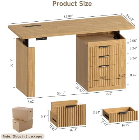 ONBRILL 63" Electric Standing Desk with File Cabinet & Storage, Oak Brown
