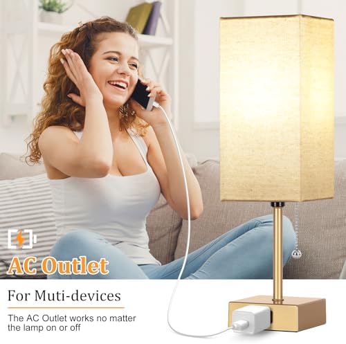Table Lamp for Bedroom set of 2,3-Color Bedside Lamps with Pull Chain Gold