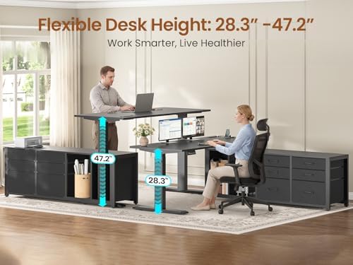 SEDETA L Shaped Electric Standing Desk with 6 Fabric Drawers, 55" x 55" Height Adjustable Office Executive Desk with Storage Shelves, Stand up Computer Desk with Power Outlet (Black)
