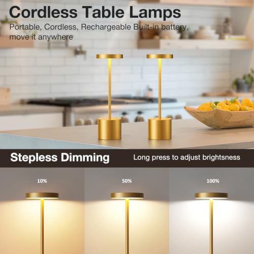 Cordless Rechargeable Table Lamp, 4000mAh Battery Operated, Gold, 2 Pack