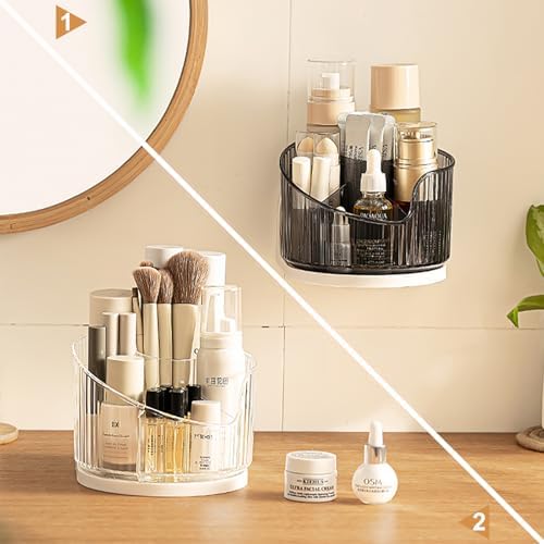 Makeup Brush Holder 360° Rotatable Cosmetic Organizer, Wall Mounted & Desktop Make Up Brushes Organizer with 6 Slots, Multifunction Stationery Desk Storage Holder (Black)