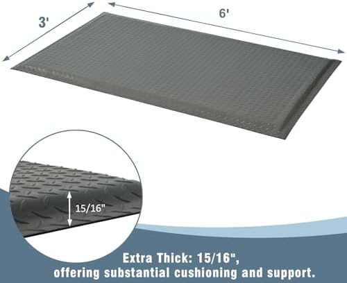 Anti Fatigue Mats Industrial 3' x 6' 15/16" Thick Ergonomic Standing Mat Commercial Heavy Duty Diamond Plate Shop Floor Mats Helps Relieve Back and Leg Soreness, Grey