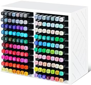 Bamboo Marker Organizer for Desk, Marker Storage Organizer for 140 Markers，Pens, Pencils and Art Brushes，Wooden marker holder for Home, Classroom and Office Decor, White