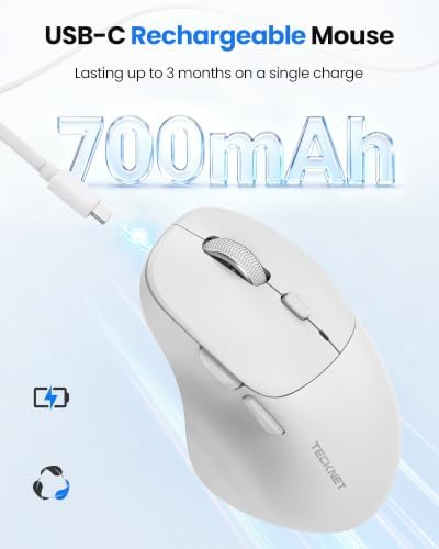 TECKNET Wireless Mouse Bluetooth 5.0/3.0 & 2.4G Rechargeable, Silent Clicks, Adjustable 4800 DPI, 6 Buttons, Ergonomic Design, Bluetooth Mouse for Laptop, Computer, ipad - White