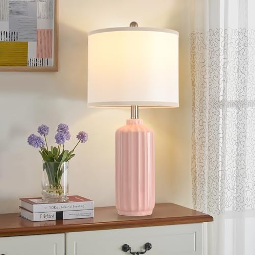 Lamps for Living Room Bedroom Lamps Farmhouse Table Lamps Set of 2 Vertical Stripe Ceramic Table Lamp,Linen Shade with Bulb, 25 in High (Pink, 25-inch high)
