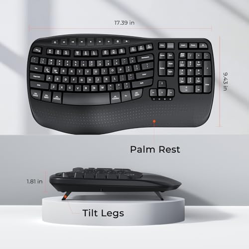 MEETION Wireless Ergonomic Keyboard with Wave Keys and Wrist Rest - Black
