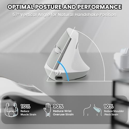 AJAZZ I300 Bluetooth and 2.4G Rechargeable Wireless Mouse,Ergonomic Vertical Design Optical Mouse Computer Mice,800/1200/1600 DPI,Quiet Clicks,84G Lightweight for Laptop, Desktop, PC, MacBook(White)