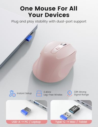 Pink Wireless Mouse for Laptop, Quiet Cordless Computer Mice for Office