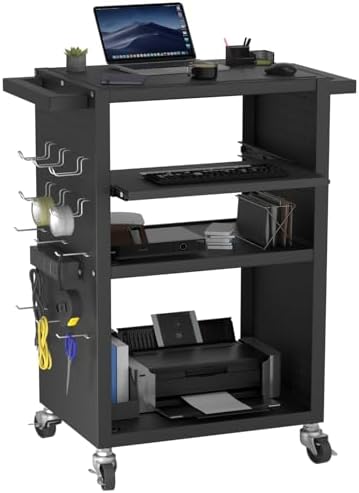 Mobile AV Cart with Pullout Keyboard Tray, Rolling Computer Cart Height Adjustable Rolling Media Utility Cart with 4 Wheels