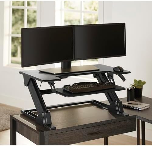 Realspace® P20 Standing Desk Converter With USB And Keyboard Tray, 19-3/10"H x 35-2/5"W x 23-1/5"D, Black