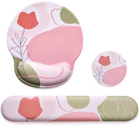 Keyboard Wrist Rest Mouse Pad with Wrist Support, Gaming Mousepad with Non-Slip Base, Ergonomic Mouse Wrist Arm Cushion Support for Home Office Laptop Computer, Easy Typing Pain Relief, Pink Flower