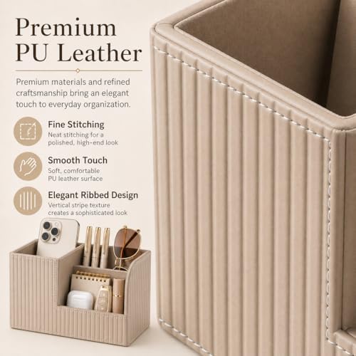 KINGFOM Desk Pen Organizer Office Supplies Caddy Pu Leather Multi-function Storage Box Pen/Pencil,Cell phone, Business Name Cards Remote Control Holder (Mocha Beige)