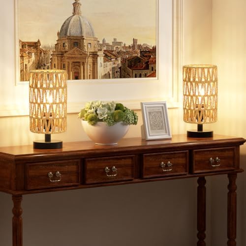 Table Lamps Set of 2 (Rattan Rope Shade - Black Base, 9" Inline Control)