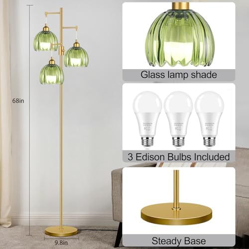 ZECOXOL Gold Floor Lamps for Living Room-3 Light Brass Floor Lamp with Three Bulbs & Glass Lampshape, Mid Century Modern Standing Lamp Tree Tall Flower Floor Lamp for Bedroom Living Room,Corner