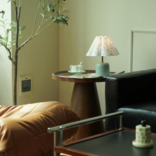 Cute Small Table Lamp, Modern Bedside Nightstand Lamp with Flower Fabric Lampshade,Solid Wood Base Blue Mini Lamp for Bedroom Home Office Decor (Without Buld)