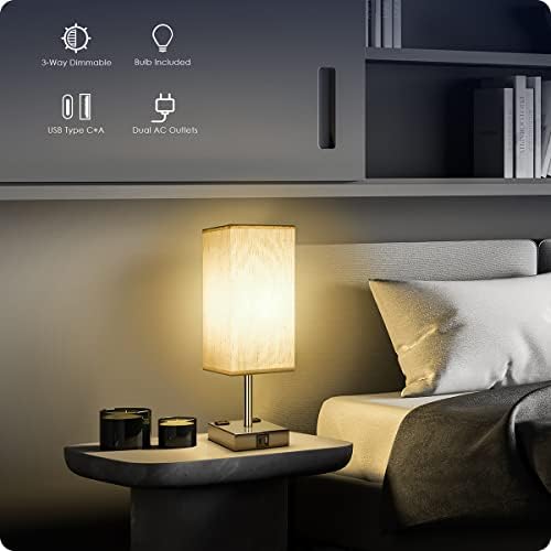 Bedside Lamp with USB Ports - Touch Control Table Lamp for Bedroom with USB C+A Charging Ports & AC Outlets, 3 Way Dimmable Nightstand Light for Living Room (LED Bulb Included, Chrome - Flaxen)