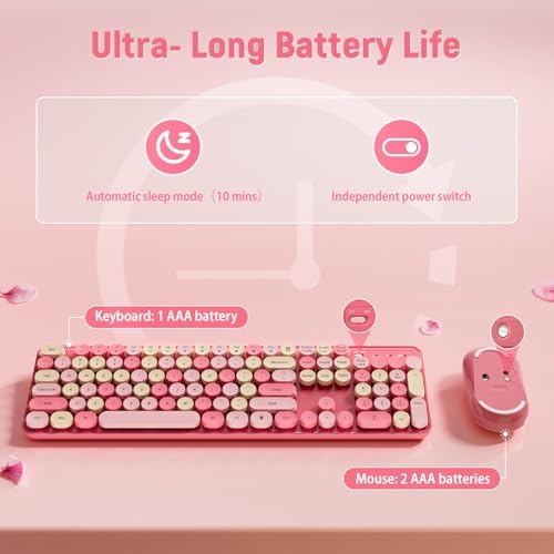 Wireless Keyboard and Mouse, Full-Sized Typewriter Keyboard Silent, Pink