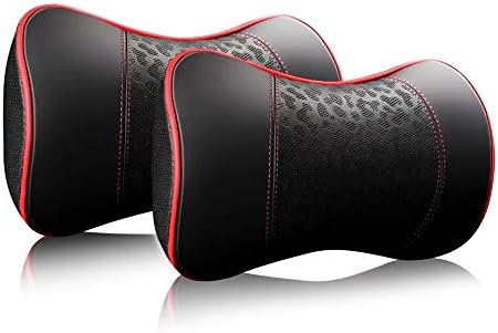 HAOTULE Car Leather Neck Pillows, Neck Rest Cushions,100% Memory Foam Cervical Support, Comfortable Travel car Seats and Home Office Soft Pillows, Red a Set (2 pcs)