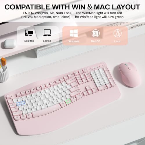 Wireless Keyboard and Mouse Combo,2.4G Ergonomic Wave Keys(Pink & White-B)