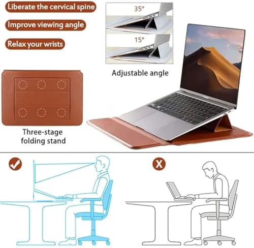 Multi Function 3 in 1 Magnetic PU Leather Waterproof Laptop Sleeve Case for 11-13.3-inch MacBook Air Pro Tablet HP Microsoft Envy Huawei Lenovo Surface Portable Protector Bag Stand, Brown