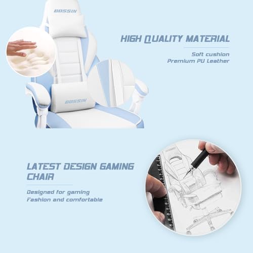 BOSSIN Gaming Chair with Massage, Ergonomic Heavy Duty Design with Footrest and Lumbar Support, Large Size Cushion High Back Office Chair, Big and Tall Gaming Computer Chair for Kids（White and Blue）