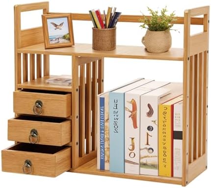 Bamboo Desktop Bookshelf, Organizer Office Desk Storage Display Shelf Rack with 3 Drawers Desk File, Office Counter Top Bookcase for Home School