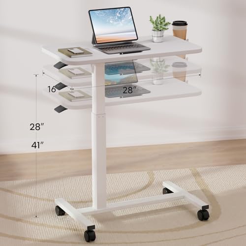 GTPLAYER Small Standing Desk with Lockable Wheels, Pneumatic Mobile Rolling Laptop Desk,Adjustable Height Overbed Bedside Table Computer Workstation for Home Office (28" W x 16" D, White)