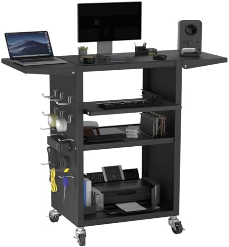 Mobile AV Cart with Pullout Keyboard Tray, Rolling Computer Cart Height Adjustable Rolling Media Utility Cart with 4 Wheels