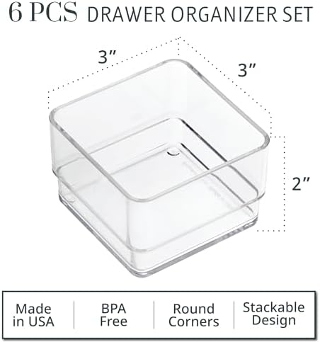 STORi SimpleSort 6-Piece Stackable Clear Drawer Organizer Set | 3" x 3" x 2" Square Trays | Small Makeup Vanity Storage Bins and Office Desk Drawer Dividers | Made in USA (Pack of 2)