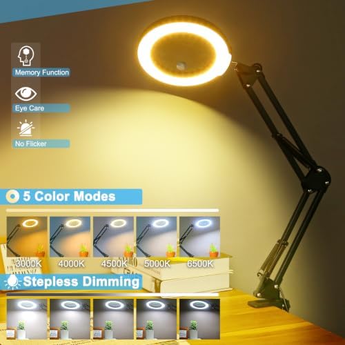30X 10X Magnifying Glass with Light and Clamp, Real Glass Lighted Magnifier, 5 Color Modes Stepless Dimmable LED Desk Lamp Hands Free for Crafts Hobby Reading Painting Sewing Close Work Black
