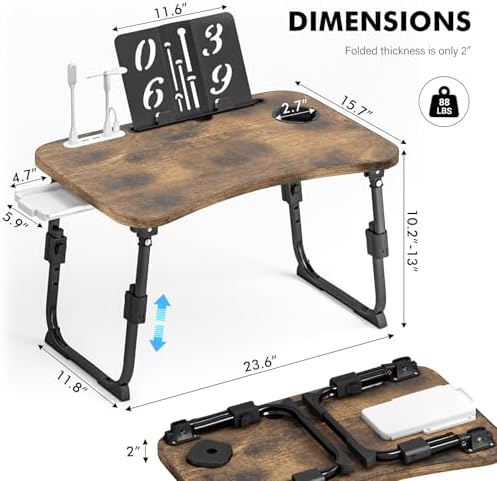 Lap Desk for Bed Adjustable Height, Foldable Bed Table with Storage Drawer, Tablet Slot & Cup Holder, Portable Laptop Stand for Bed & Sofa, Bed Desk for Adults & Kids, Carbonized
